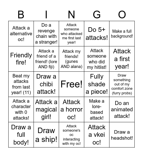 MY PERSONAL ARTFIGHT BINGO! Bingo Card