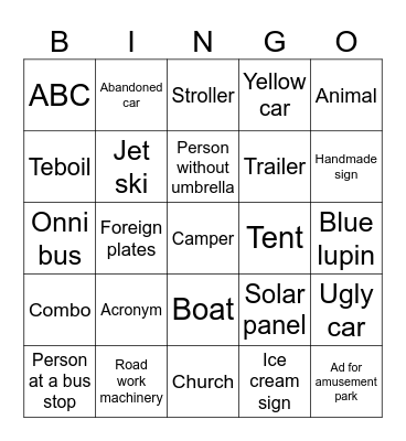 Road trip bingo Card