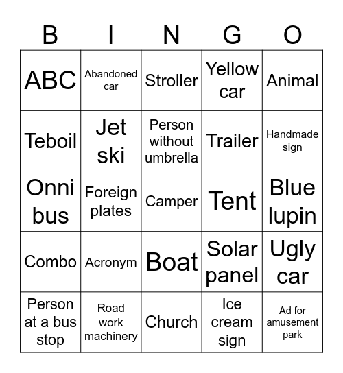 Road trip bingo Card