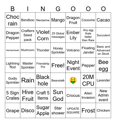 Grow a Garden summer bingo Card
