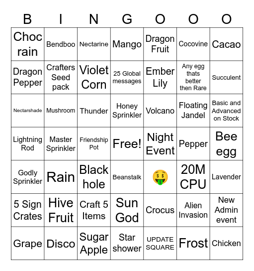 Grow a Garden summer bingo Card