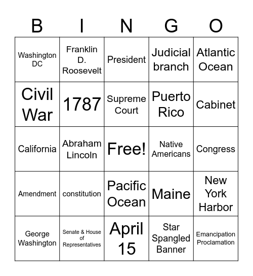 The Citizenship Game Bingo Card
