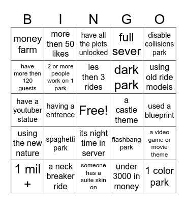 Theme Park Tycoon 2 Bingo Card