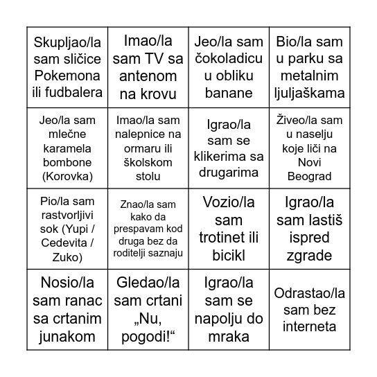 DETINJSTVO Bingo Card