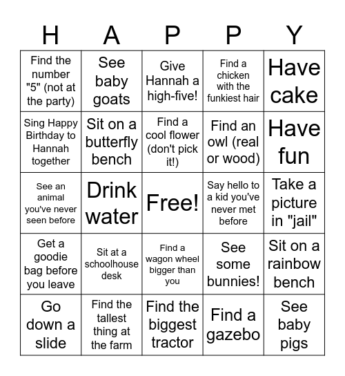 Hannah's 5th Birthday Bingo Card