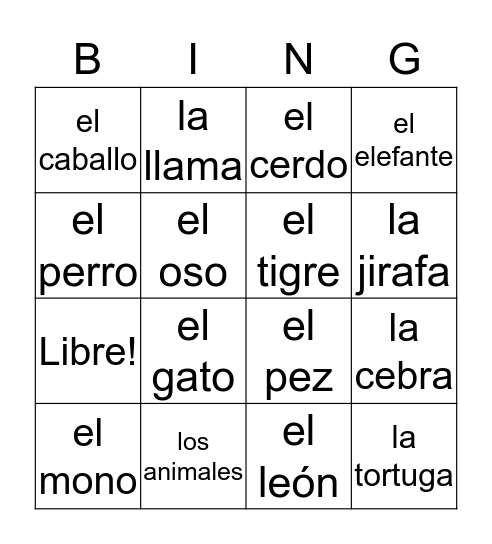 Los Animales Bingo Card