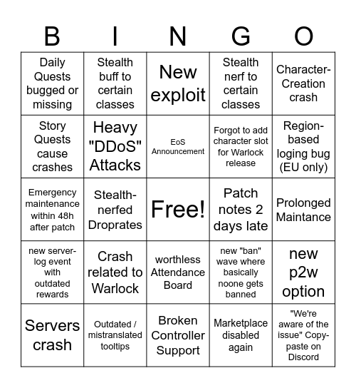 BnS Neo Warlock Patch Bingo Card