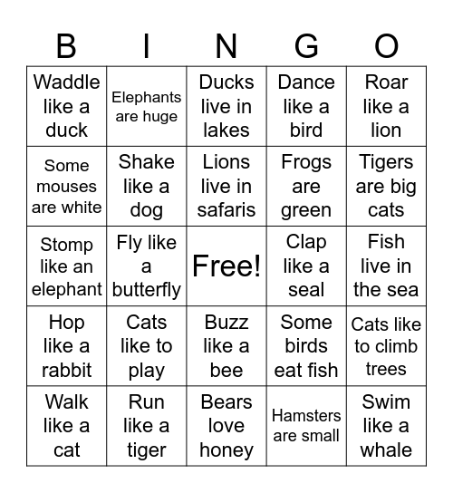 Action verbs Bingo Card