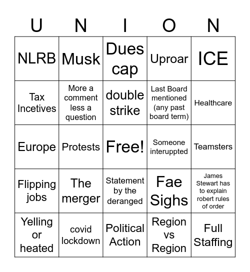 Union 2025-2028 Bingo Card