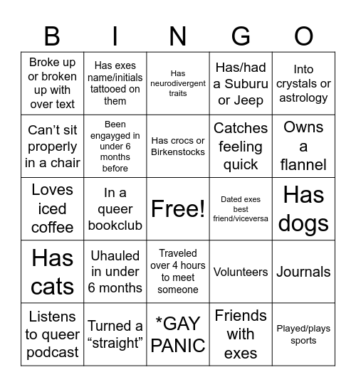 Queer Stereotype Bingo Card