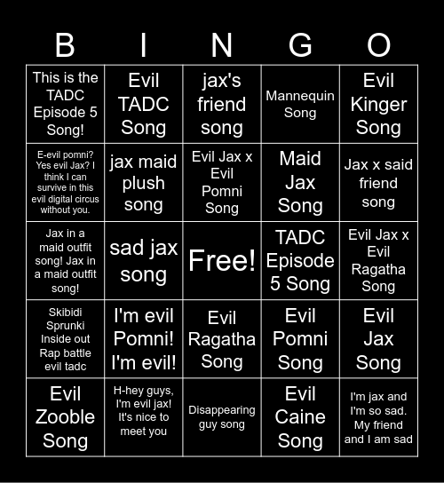TADC Episode 5 Content Farm Song Bingo Card