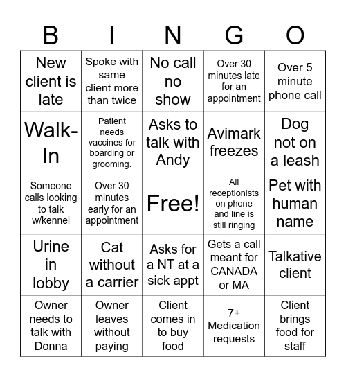 Receptionist Bingo Card