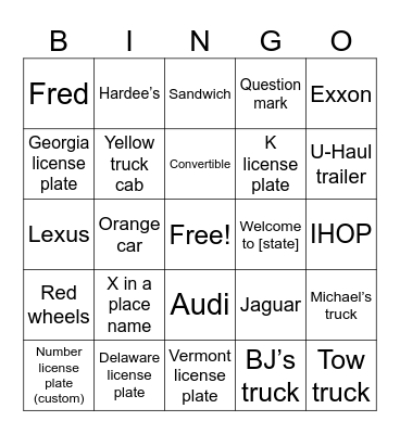 Road trip bingo Card