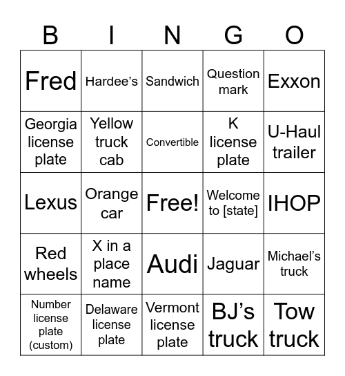 Road trip bingo Card