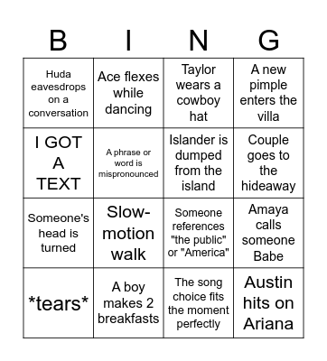 Love Island USA Ep 17 Bingo Card