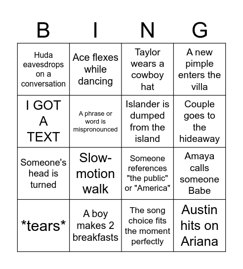 Love Island USA Ep 17 Bingo Card