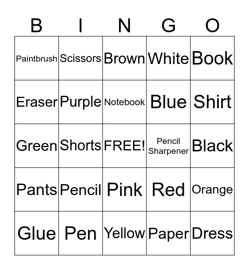 School Supplies Bingo Card