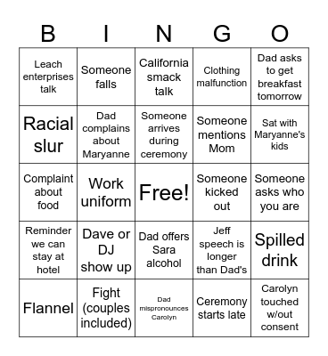 RJ wedding Bingo Card