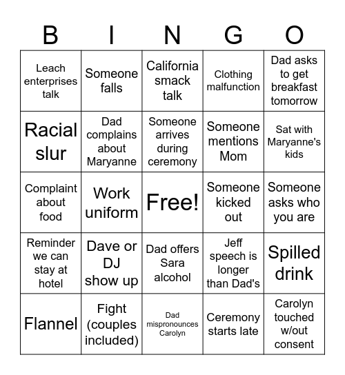 RJ wedding Bingo Card