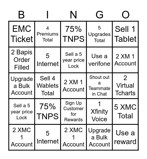 Xfinity BINGO Card