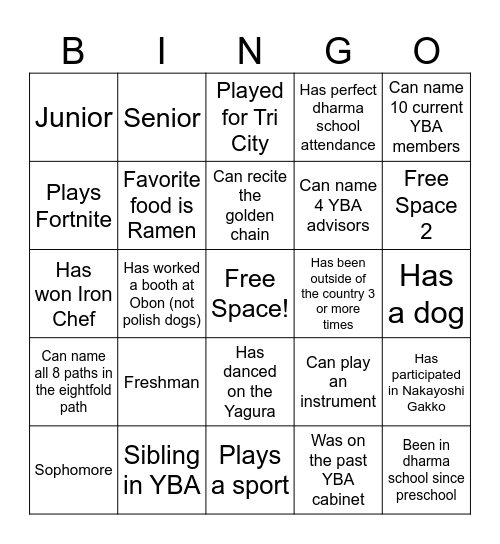 YBA Bingo Card