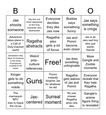 The Amazing Digital Circus episode 6 Bingo Card