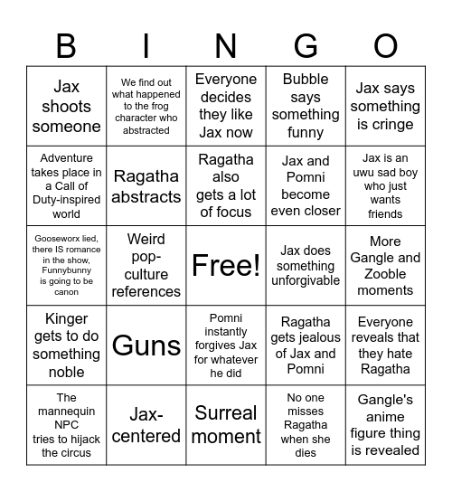 The Amazing Digital Circus episode 6 Bingo Card