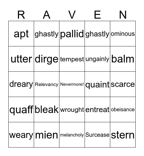 Halloween "The Raven" Bingo Card