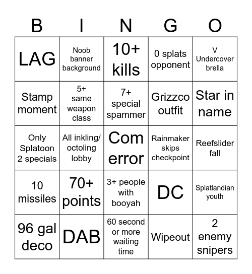 Splatoon 3 solo Q bingo Card