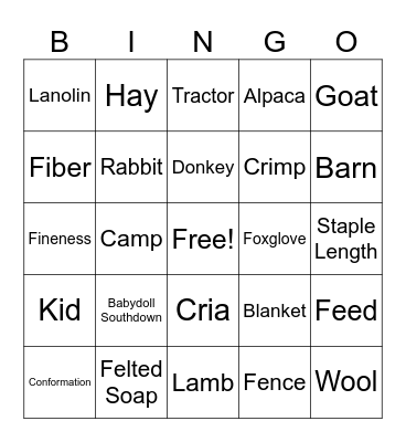 Farm Bingo Card