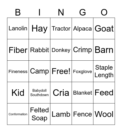 Farm Bingo Card
