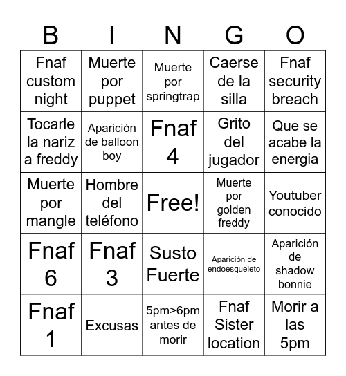 Youtuber x FNAF Bingo Card