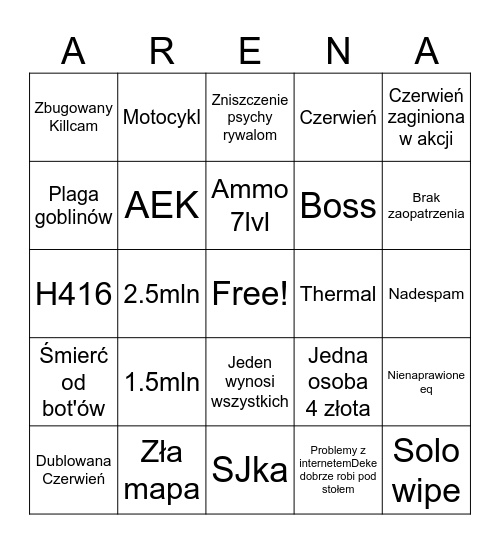 Arena Bingo Infinite Bingo Card
