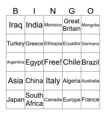 Continents and Countries Bingo Card