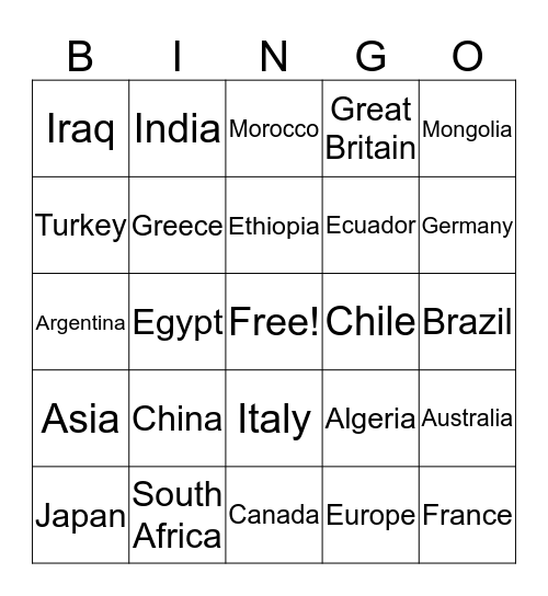 Continents and Countries Bingo Card