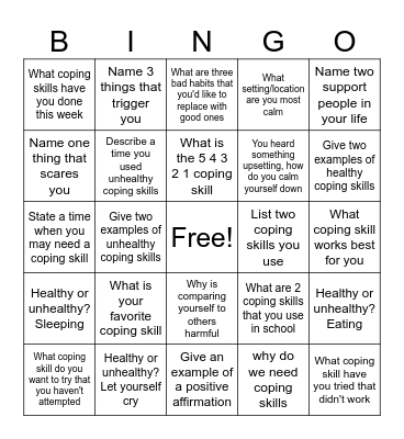 Coping Skills Bingo Card