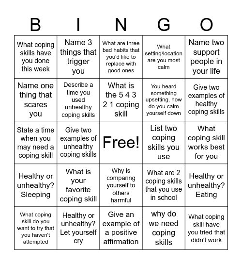Coping Skills Bingo Card