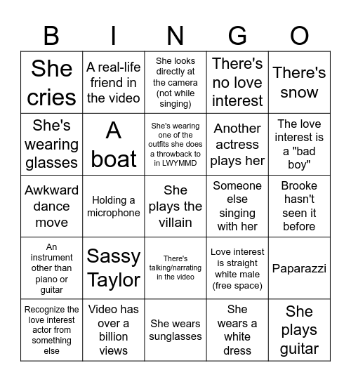 Taylor Swift Music Videos Bingo Card