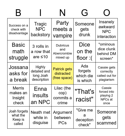 Vengeance of the Midnight Cult Bingo Card