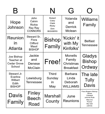BISHOP DAVIS WILLIAMS FAMILY REUNION Bingo Card