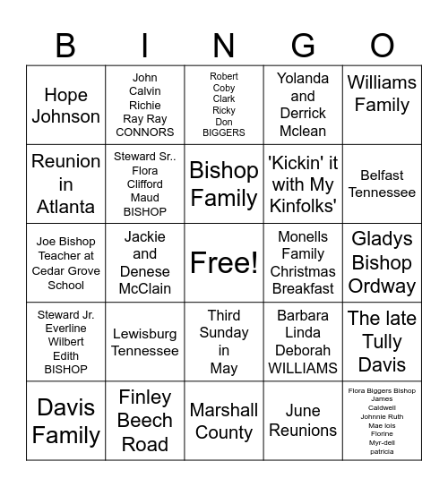 BISHOP DAVIS WILLIAMS FAMILY REUNION Bingo Card