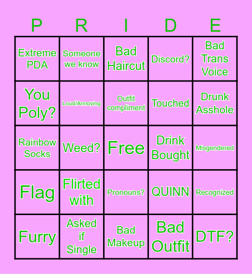 Pride After Dark Bingo Card