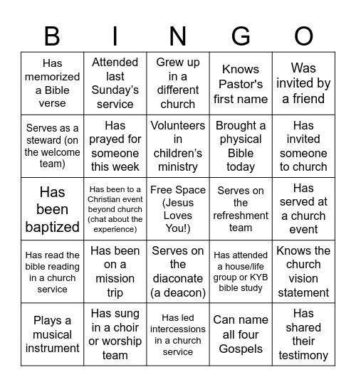Find Someone Who... (Church Edition) UK Bingo Card