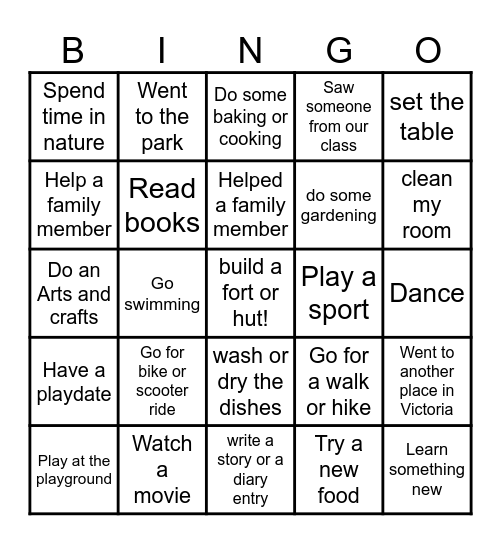 School Holiday Bingo-see how many you and your family are able to complete.e Bingo Card