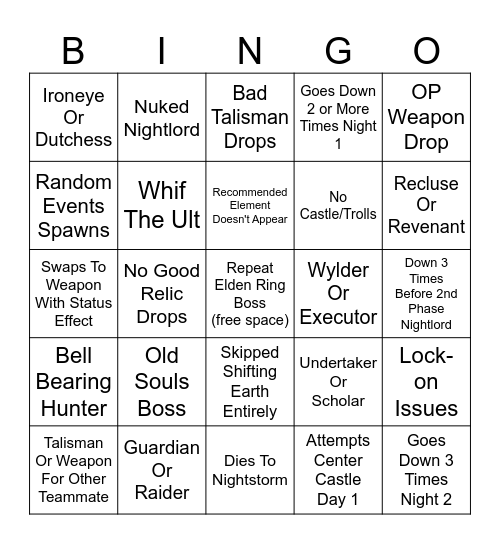 Elden Ring Nightreign Bingo Card