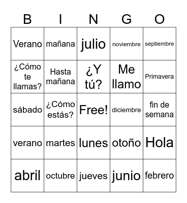 Meses, dias de la semana & mas, estaciones, & saludos Bingo Card