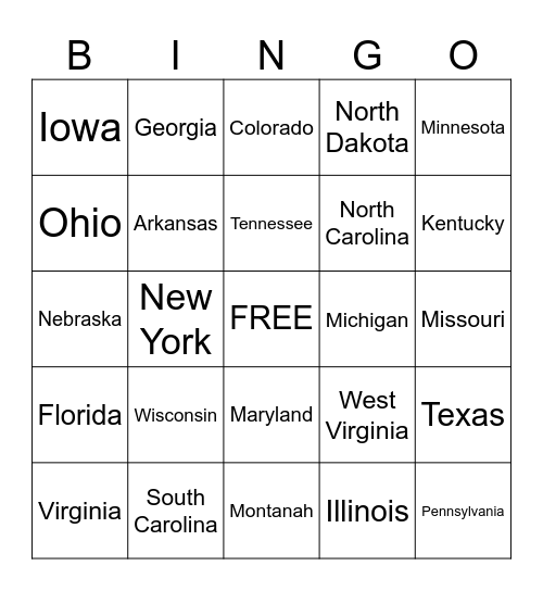 License Plate Bingo Card