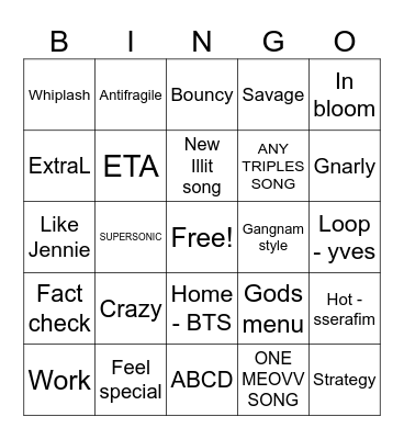Kpop Club Night Bingo Card