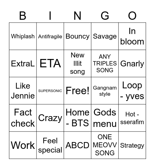 Kpop Club Night Bingo Card