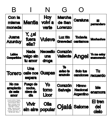 Bingo Musical Bingo Card
